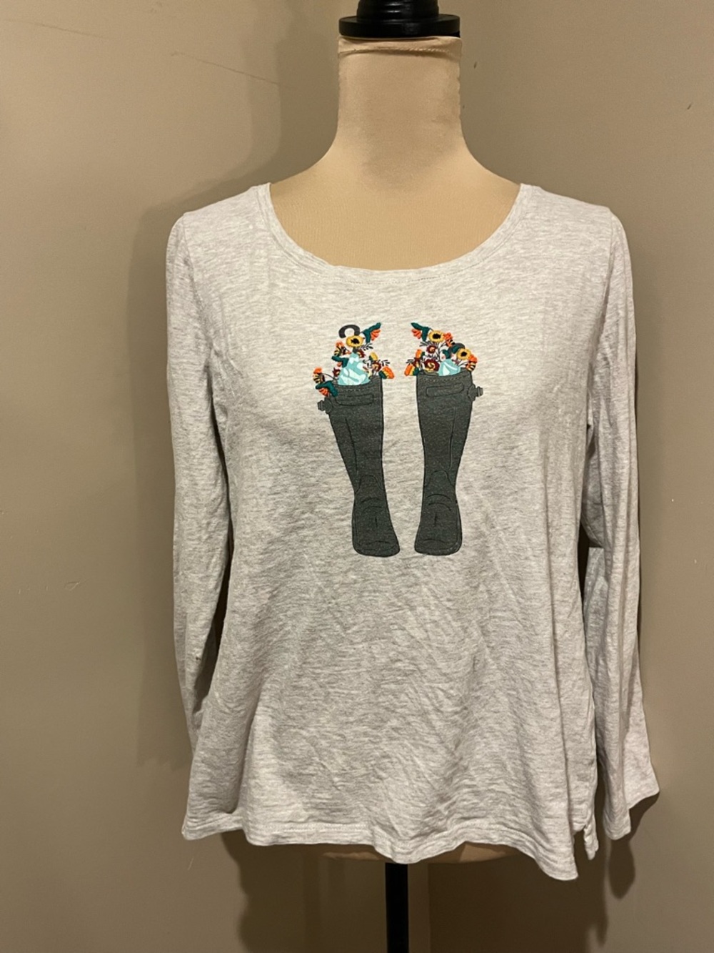 Talbots Oatmeal Long-Sleeve Tee Green Rain Boot (graphic) Floral (embroidery), M